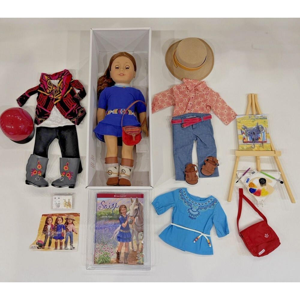 American Girl Saige 18" 2013 Doll COMPLETE w/ Book AND SEVERAL OUTFIT NEW
